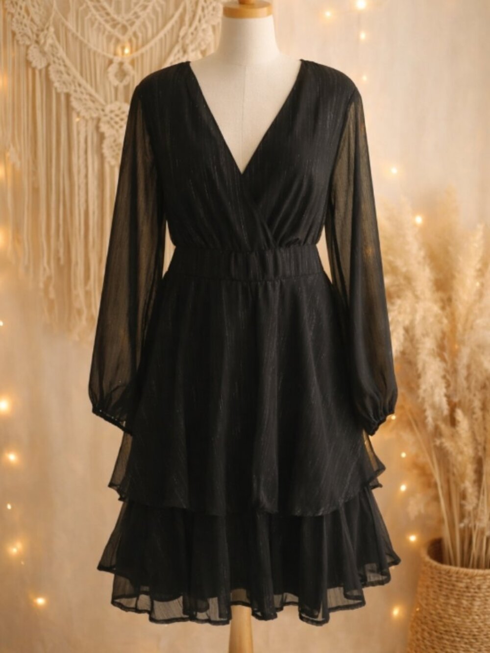 Japna Black Metallic Shimmer Tiered Flowy Dress XL Boho Romantic Cottagecore